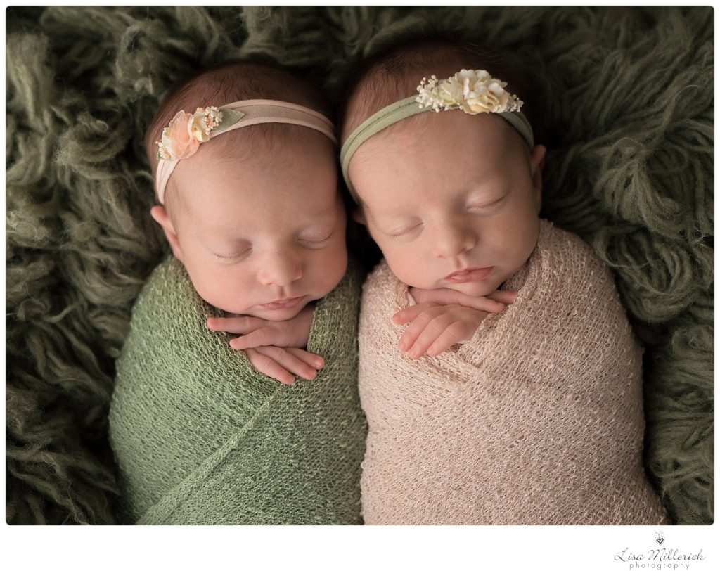 twin baby girls newborn green sage peach
