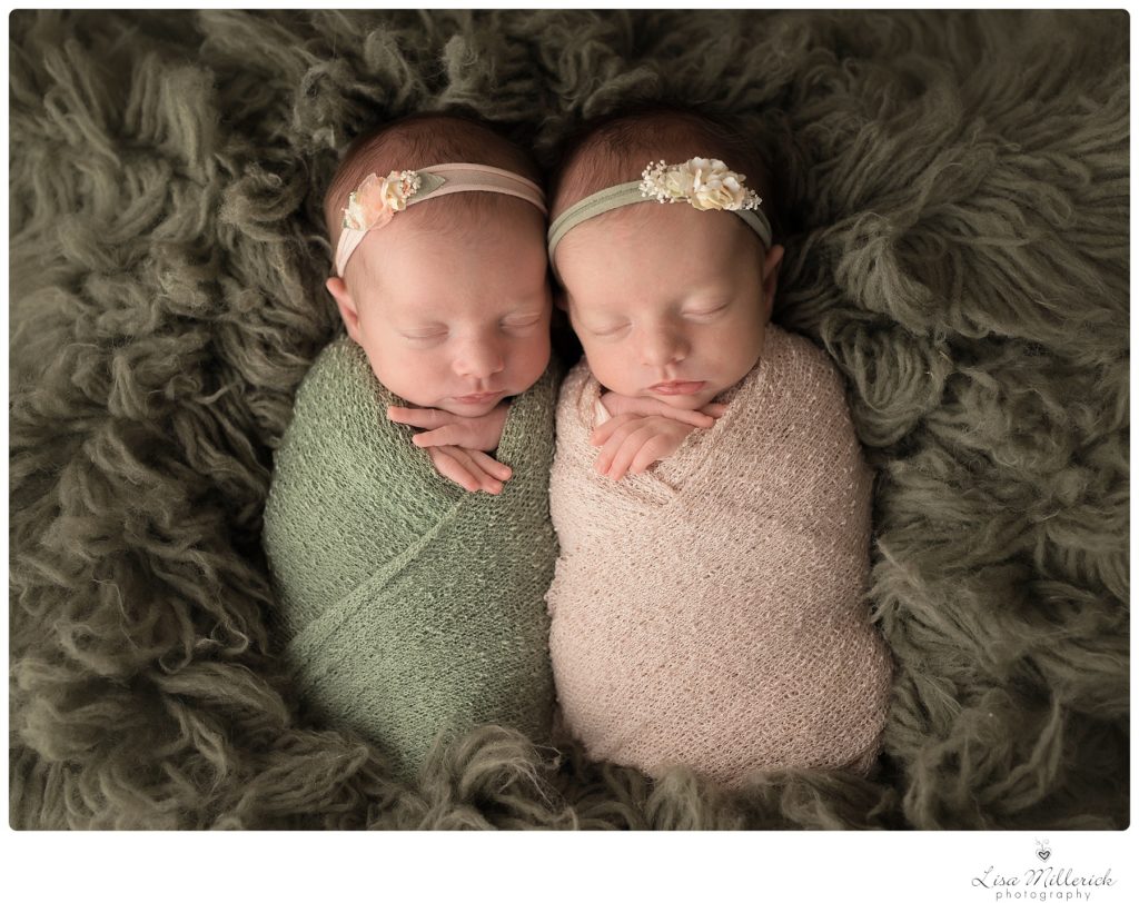 twin baby girls newborn green sage peach