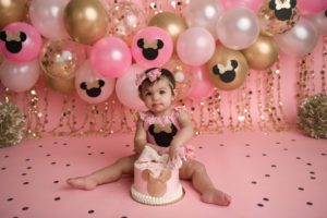 minnie mouse cake smash black pink gold one year photos