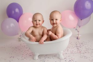 pink purple twins cake smash bath pictures